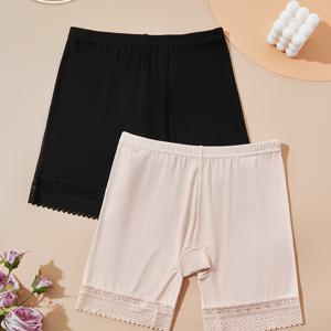 TEMU 2개입 가벼움 편안한 레이스 트리밍 여성용 노출 방지 팬티, 쉬운 착용감과 통기성 좋은 안전 팬티, 단색 소프트 반바지 (가정 및 외출용), 봄, 여름, 가을, 겨울 속옷, 클래식 슬림 블랙 라이트 베이지 드로즈