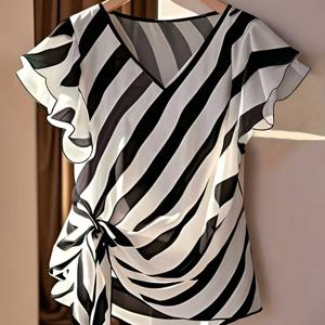 TEMU 프렌치아 캐주얼 여름 V넥 셔츠 | 타이 웨이스트 디자인 및 러플 소매 리본 디테일 여성 블라우스