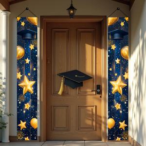 TEMU 2025 졸업 배너 1쌍 - 모자와 졸업장이 있는 블루/골든 별이 빛나는 밤 디자인. 문, 안뜰, 차고용으로 내구성 우수. 완벽한 고등학교/대학교 축하 장식 - 간편한 걸이 디자인