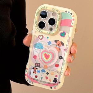 TEMU 도파민 하트 강아지 폰 케이스, 애플 아이폰 16, 아이폰 13 미러 스탠드용, 아이폰 15 프로 맥스 낙하 방지, 크림색 엣지 포함 아이폰 14, 아이폰 12용, 휴일 선물, 생일 선물, 자신용, 가족용, 친구용