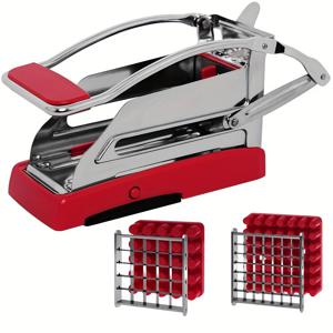 TEMU 감자 슬라이싱용 스테인리스 스틸 프라이 커터 (2개의 날 포함), 미끄럼 방지 흡착 받침대 특징, 프렌치 프라이, 오이, 당근 조리용으로 적합. 세척 용이하며 주방 또는 스낵 바에서 사용하기에 완벽합니다.