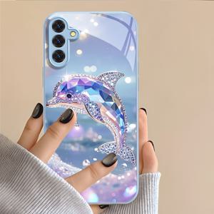TEMU 휴대폰 케이스 - 스타일리시, 다재다능, 내구성 좋은 블루 유리 폰 케이스 (삼성 갤럭시 A05 A05S A06 A14 A15 A16 A22 A23 A24 A25 A32 A33 A34 A35 A36 A52 A52S A53 A54 A55 A56 S21 S22 S23 S24 S25 FE Plus Ultra Edge 5G 돌고래 만화 그라데이션 드림