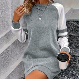 TEMU 2025 봄/가을 신상 여성용 우아한 컬러 단색 라운드넥 원피스, 캐주얼하고 편안하며 스타일리시한 봄/가을 데일리웨어 및 홈웨어용 긴팔 원피스