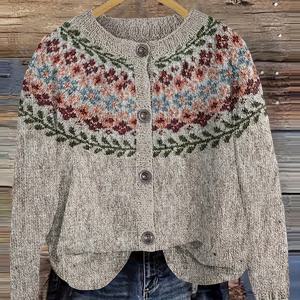 TEMU 페어 아일 스타일 자카드 라운드넥 가디건 - 고급스러움