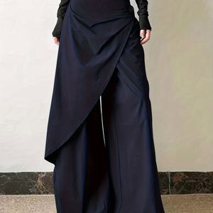 TEMU Look 여성용 하이웨이스트 와이드레그 트라우저 - 오버사이즈 루즈핏 비대칭 스트레이트핏 바지, 단색 웨스턴 스타일 팬츠, 캐주얼 및 정장용, 기계 세탁 가능|치마바지