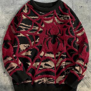 TEMU 남성용 거미 테마 3가지 자수가 있는 스웨터 - 부드러운 스트리트웨어 풀오버, 루즈핏 드롭 숄더 디자인 & 거미 패턴, 라운드넥 긴팔 스웨터, 가을/겨울용, 젊은 트렌디한 캐주얼 의상 -Fit