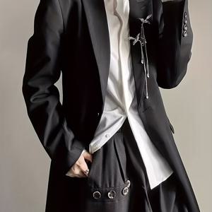 TEMU 남성 솔리드 블랙 롱 코트, 슬림핏의 다용도 정장 재킷, 통근에 적합