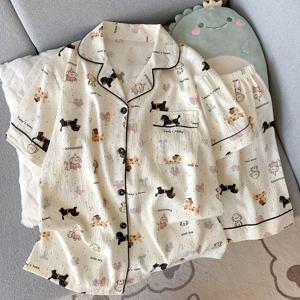 TEMU 귀여운 만화 강아지와 물방울 무늬가 특징인 반팔과 반바지로 구성된 여름 여성용 파자마 세트, 집에서 편안하게 입기 좋습니다.