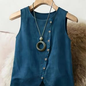 TEMU 여름 여성 캐주얼 민소매 패션 조끼 비대칭 버튼 사이드 라운드넥 다용도 탑