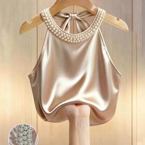 TEMU 여성 봄 여름 신상 프렌치 스타일 우아한 진주 펜던트 백 타이 리본 장식 새틴 홀터넥 탱크 탑 M186
