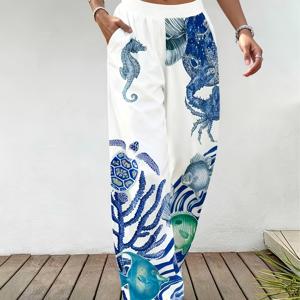 TEMU 여성용 바다 생물 프린트 와이드 레그 팬츠, 하이웨이스트 신축성 허리밴드, 주머니 포함, 가볍고 통기성 좋은 봄 여름용 해변 휴가 캐주얼 긴 바지