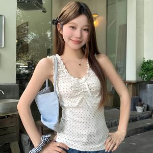 TEMU 여성 슬림핏 물방울 무늬 민소매 리본 블라우스 탑 아우터 티셔츠