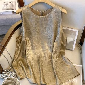 TEMU 플러스 사이즈 여성용 민소매 샤이니 메탈 셔츠 - 우아한 라운드 넥 여름 파티 블ouses, 세탁기 사용 가능 단색, 결혼식, 프롬, 음악 축제 & 캐주얼웨어용 - 몸매 타입에 맞는 비쉬μέ어 메탈 상의