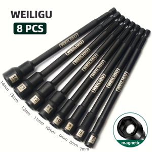 TEMU 8개입 150mm 연장형 소켓 세트, 마그네틱 팁 포함, 7mm, 8mm, 9mm, 10mm, 11mm, 12mm, 13mm, 14mm, 인산염 처리 경화 연장형 너트 드라이버, 1/4인치 드라이브 샹크, 다양한 수공구 및 전동공구와 호환, 간편한 교체