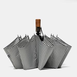 TEMU 원터치 우드손잡이 3단 남성 클래식 우산, UV자외선차단 발수코팅, 비즈니스 직장인 체크우산, 원버튼 자동 개폐 접이식