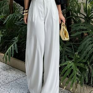 TEMU Ling Shan'S YY251218052 여성용 솔리드 컬러 하이웨이스트 와이드 레그 팬츠, 루즈 롱 트라우저, 통근복으로 적합