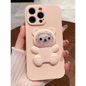 TEMU 귀엽고 사랑스러운 작은 곰돌이 스탠드 TPU 큐브 휴대폰 케이스, 심플하고 실용적, 애플 아이폰 11, 12, 13, 14, 15, 16, 17, 삼성 A51, A52, A53, A54, A55, A56, S20, S21, S23, S24, S25, A31, A32, A33, Redmi 및 기타 다양한 휴대폰 모델에 적합