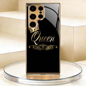 TEMU 휴대폰 케이스 - 골든 크라운과 퀸 레터링이 새롭게 디자인된 휴대폰 케이스. 골드 전기 도금 처리되어 삼성 갤럭시 S21/22/23/24/25 PLUS/S21/22/23/24/25 ULTRA에 적합하며, 강화 유리, 휴대폰 보호 기능이 특징이며, 가볍고 아름답고 귀여우며 트렌디합니다.