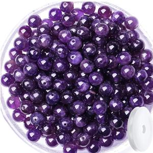 TEMU 25/50개 자수정 구슬, 8mm 천연석 구슬, 라운드 DIY 팔찌, 펜던트 및 액세서리용 루즈 비즈. 탄성 코드 롤 포함