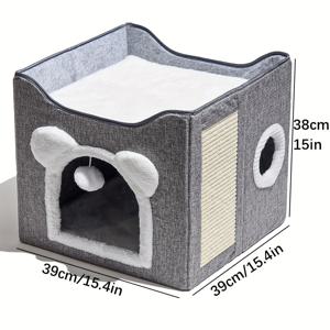TEMU 럭셔리 더블 레이어 고양이 침대 - 사일 스크래치 보드 & 미끄럼 방지 바닥이 있는 사계절용 폐쇄형 둥지, 접이식 키티 소파, 실내 고양이 및 소형 개용, 회색, 고양이 집, 고양이 동굴, 범용