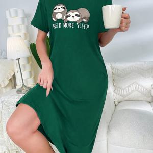 TEMU 여성을 위한 라지 베어 디자인의 라운드넥, 반팔, 긴 스커트 파자마 (중동을 위한 특수 디자인)