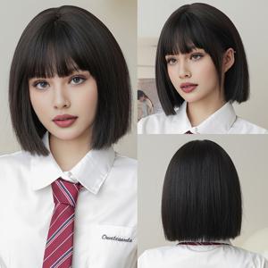 TEMU 루틴 밥 가발 숏 블랙 앞머리 가발 고밀도 플러피 밥 가발 여성 소녀 데일리 사용 열가능 합성 가발 12.59인치