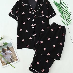 TEMU 여성용 봄/가을 헴 처리 대비 컬러 작은 체리 프린트 반팔 버튼업 상의와 바지 파자마 세트, 홈웨어용