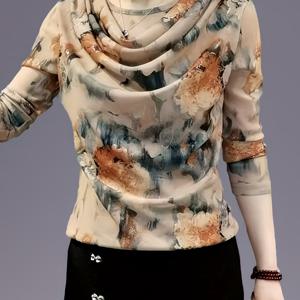 TEMU 여성용 플로랄 프린트 시스루 메쉬 긴팔 티셔츠 - 봄 여름 가을용 우아한 스택 넥 블라우스, 통기성 좋은 경량 디자인, 캐주얼 & 포멀웨어, 여성스러운 스타일의 세이슨 워드럽 필수 아이템, 트렌디한 제작 기술, 다재다능한 탑