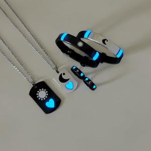 TEMU 6개/세트 야광 하트 태양 달 별 스테인리스 스틸 커플 목걸이 팔찌 반지 여성 패션 사랑 약속 선물 주얼리, 어르신을 위한 선물, 선물용