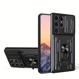 TEMU 휴대폰 케이스 - 삼성 S24 울트라, S23 플러스, S22+, S21 FE, S20, 노트 20 울트라 및 다양한 A 시리즈 모델용으로 디자인된 케이스. 카드 홀더와 카메라 커버가 특징이며, 링 킥스탠드가 있는 블랙 색상으로 제공됩니다.