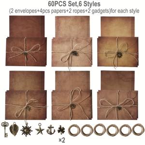 TEMU 60개, 빈티지 크래프트 종이 봉투 세트, 대마 로프 및 금속 장식, 자체 밀봉, 결혼식, 생일, 졸업 초대장용, 빈티지 초대장 세트, 기프트 카드 봉투