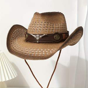 TEMU 서부 카니발 스타일 클래식 요소 디자인 선 햇, 바람 방지용 홀로 그라데이션 와이드 브림과 턱 스트랩 포함 캠핑 아웃도어