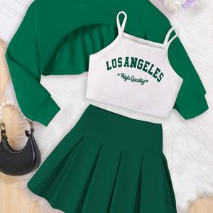 TEMU 고평가받는 여아용 가을/겨울 상의는 그린색 긴팔 상의로, 안쪽에 영문 열전사 프린트가 있습니다. 하의는 그린색 주름 스커트입니다. 전체적인 스타일은 패션과 개성을 결합했습니다. 여학생 교복, 학교용 십대 여학생 의류, 여학생용 교복, 여학생용 신학기 의상, 여학생용 신학기 옷차림, 여학생용 학교 옷차림