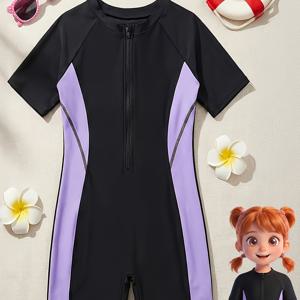 TEMU 청소년용 블랙 & 퍼플 원피스 수영복