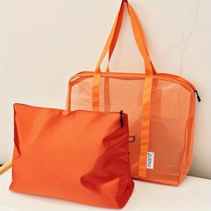 TEMU 대용량 비치백 (재질로 제작), 해변 여행에 적합, 수건, 슬리퍼 보관을 위한 메시 수납 공간 포함, 화장품 및 세면도구를 위한 2피스 세트 포함