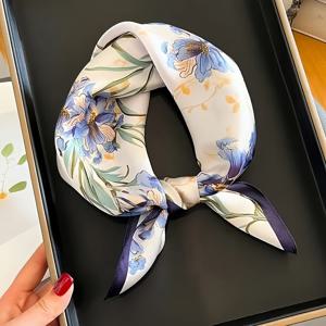 TEMU 우아한 파란색 꽃무늬 스카프 - 70cm, 부드럽고 통기성이 좋은 폴리에스터, 여성 패션, 헤어 액세서리, 목도리에 적합, 스타일의 뿌리 디자인, 손세탁 또는 세탁소에서 세탁