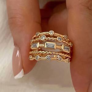 TEMU 나비 & 기하학적 스택 가능한 링 - 여성용 도금된 机，짜임새 있는 다층 골드 도금 우븐 반지, Y2K 주얼리, 빈티지 패션 액세서리