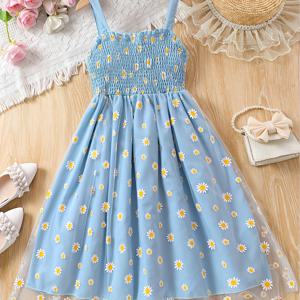 TEMU 십대 여아용 스타일 드레스, 스파게티 끈 데이지 프린트 메쉬 허리 조임 원피스, 축제 의상 및 특별한 날에 적합