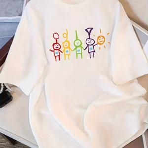 TEMU 여성용 화이트 캐주얼 반팔 크루넥 티셔츠 - 컬러풀 기하학 스틱맨 & 스타버스트 프린트, 세탁기 사용 가능, 사계절 편안한 핏, 레귤러 길이, 여성 티셔츠, 플레이풀 그래픽 티, 통기성 소재, 여가복