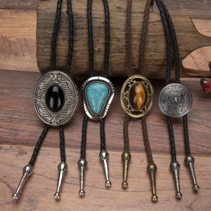 TEMU 4pcs 짠 볼로 타이 목걸이, 돌 펜던트 포함 - 합금 합금, 검은색 짠 로프, 서부 스타일에 적합, 다용도 액세서리 | 초크 스타일 | 내구성 있는 짠 로프