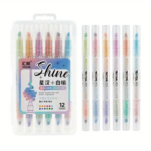 TEMU 6개입 스파클링 갤럭시 듀얼 헤드 12색 눈 보호 소프트 쉬머링 형광 펜, 가는 글리터, , 마킹, 스케치 핸드 계산 펜, 학교 문구류
