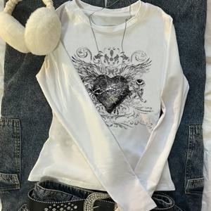 TEMU 2089 - 원피스 여성용 슬림핏 패션 긴팔 캐주얼 하트 라인 윙 로즈 프린트 핫 트렌디 쿨 티셔츠, 우아한 레이어링 탑 봄 가을용, 다용도 착용 - WZH1135