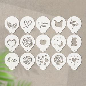 TEMU 카푸치노, 라떼, 핫초콜릿, 케이크, 쿠키 장식을 위한 재사용 가능한 커피 스텐실 템플릿 15개 세트. 이 바리스타 도구는 카페, 홈 베이킹, 음료 디자인에 적합합니다.