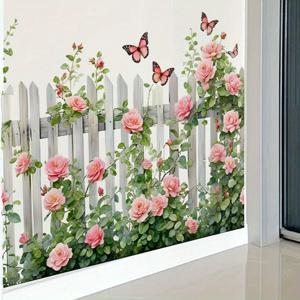 TEMU 미적 감각 나비 핑크 꽃 울타리 스티커, 거실 주방 식당 침실 장식용 자가 접착 페인팅, 탈착식 PVC 벽 스티커