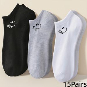 TEMU 15켤레 혼합 색상 PC 숏 삭스 세트 - 남녀 모두에게 어울리는 발랄한 표정, 캐주얼 데일리룩에 다용도로 활용 가능하고 선물용으로 좋습니다.