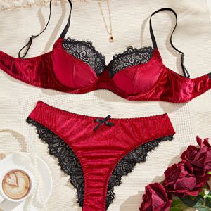 TEMU 여성 가을/겨울 스타일리시 레이스 브라 & 티팬티 벨벳 란제리 세트