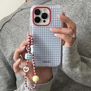 TEMU 스타일리시 블루 체크무늬 아이폰 16 프로 맥스, 15, 13 프로, 14, 12, 11 플러스용 컨트라스트 컬러 손목 스트랩 소프트 케이스