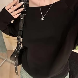 TEMU 슬로이 여성용 블랙 오프숄더/원쇼울러 긴팔 티셔츠 - 고신축력의 편안한 핏, 노출된 어깨라인, 솔리드 컬러 캐주얼 & 세미포멀 레이어링 탑, 가을 레이어링에 완벽한 다재다능한 데일리 셔츠 (손세탁 가능)