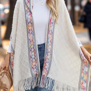 TEMU 플러스 사이즈, 여성용 오픈 프론트 카디건 케이프 스타일 빈티지 컬러풀 웨이브 후드 - 체크무늬, 가을 겨울용 보온 방풍, 여행 및 사진 촬영에 적합, 손세탁 여성 패션 카디건, 완벽한 어버이날 선물