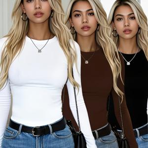 TEMU 단색 긴팔 크루넥 상의 3종 세트, 캐주얼 슬림핏 티셔츠, 일상복으로 활용하는 베이직 아이템, 쇼핑 옷장 필수템, 편안한 스트레치 원단, 세탁기 사용 및 드라이클리닝 가능, 여성 의류